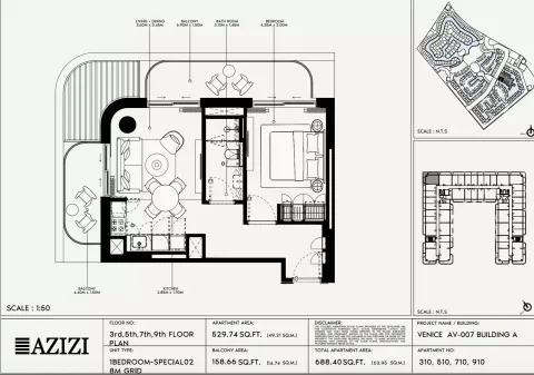Floor plan, 1 Bed, 688 sq ft