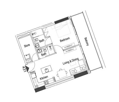 Floor plan, 1 Bed, 841 sq ft