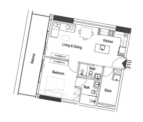 Floor plan, 1 Bed, 844 sq ft