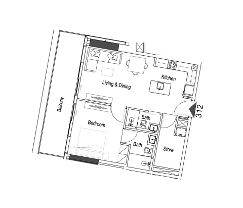 Floor plan, 1 Bed, 848 sq ft