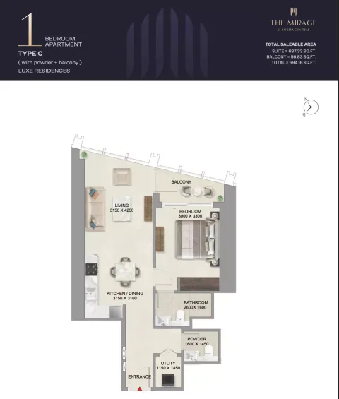 Floor plan, 1 Bed, 694 sq ft