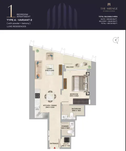 Floor plan, 1 Bed, 651 sq ft