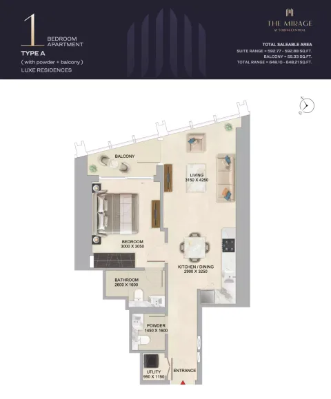 Floor plan, 1 Bed, 648 sq ft