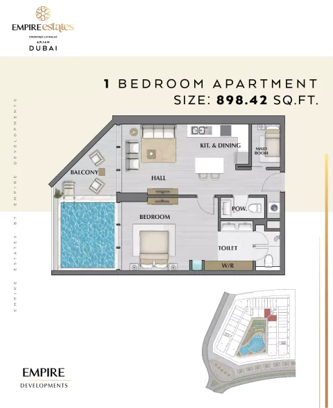 Floor plan, 1 Bed, 898 sq ft