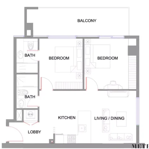 Floor plan, 2 Beds, 873 sq ft