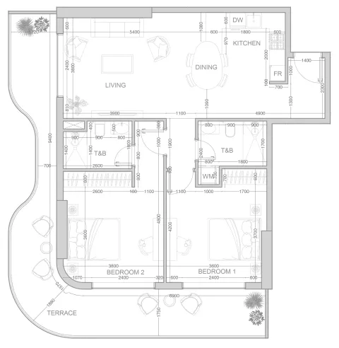 Floor plan, 2 Beds, 1,328 sq ft