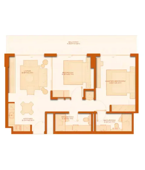Floor plan, 2 Beds, 968 sq ft