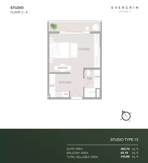 Floor plan, Studio, 416 sq ft