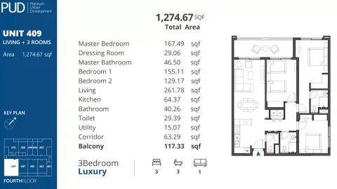 Floor plan, 3 Beds, 1,274 sq ft