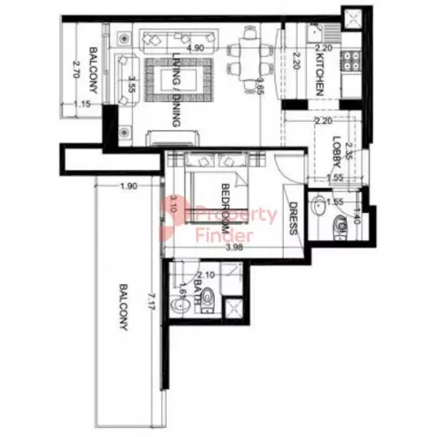 Floor plan, 1 Bed, 742 sq ft