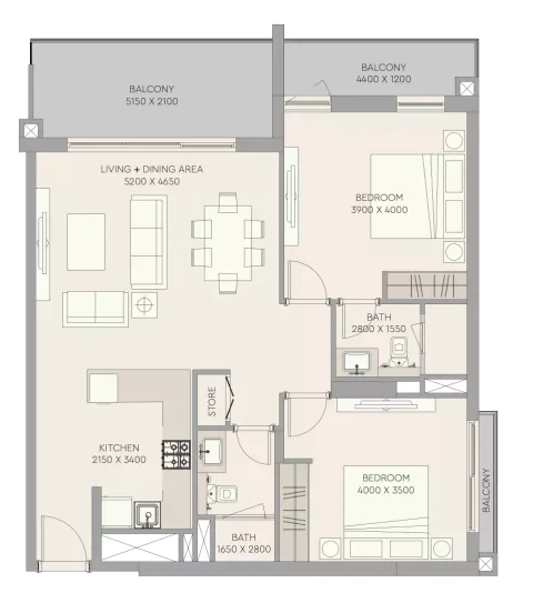 Floor plan, 2 Beds, 1,128 sq ft
