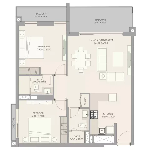 Floor plan, 2 Beds, 1,127 sq ft