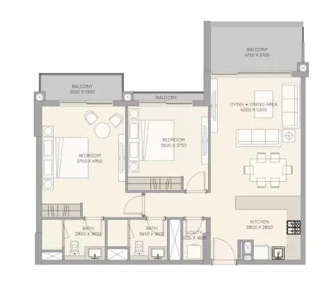 Floor plan, 2 Beds, 1,085 sq ft