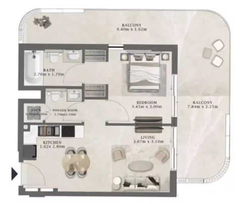 Floor plan, 1 Bed, 835 sq ft