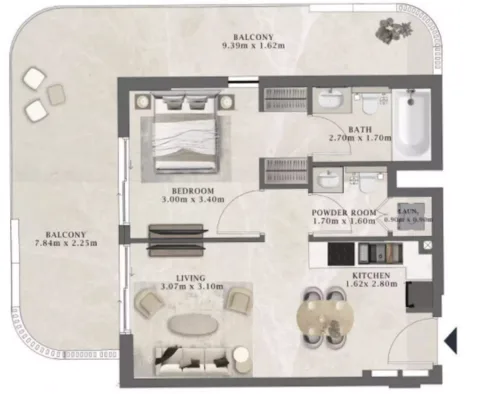 Floor plan, 1 Bed, 838 sq ft