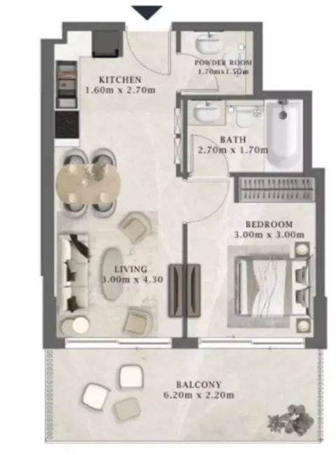 Floor plan, 1 Bed, 609 sq ft