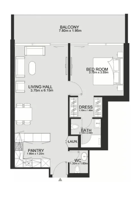 Floor plan, 1 Bed, 792 sq ft