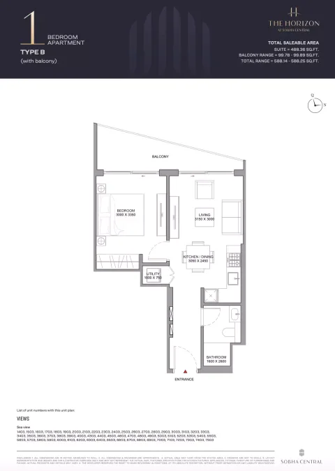 Floor plan, 1 Bed, 588 sq ft