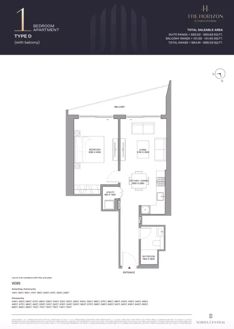 Floor plan, 1 Bed, 695 sq ft