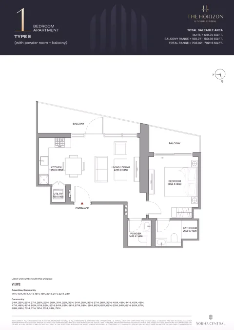 Floor plan, 1 Bed, 702 sq ft