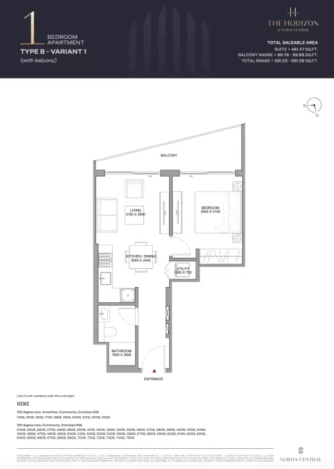 Floor plan, 1 Bed, 581 sq ft
