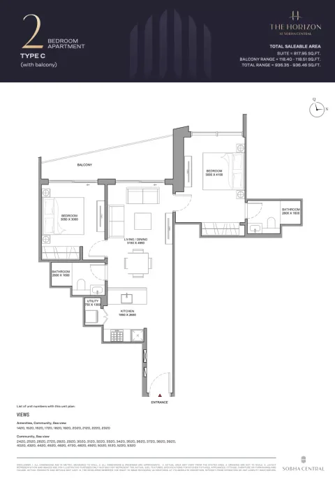 Floor plan, 2 Beds, 936 sq ft
