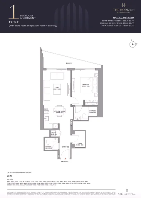 Floor plan, 1 Bed, 730 sq ft