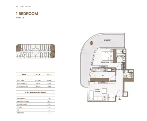 Floor plan, 1 Bed, 992 sq ft
