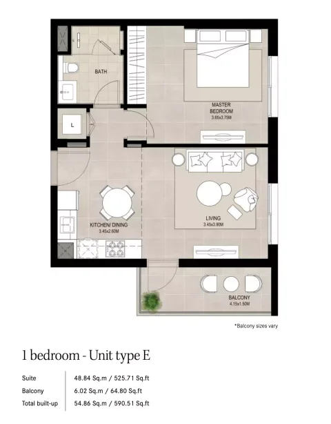 Floor plan, 1 Bed, 590 sq ft