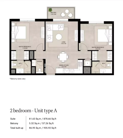 Floor plan, 2 Beds, 935 sq ft