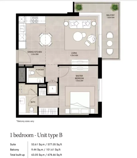 Floor plan, 1 Bed, 678 sq ft