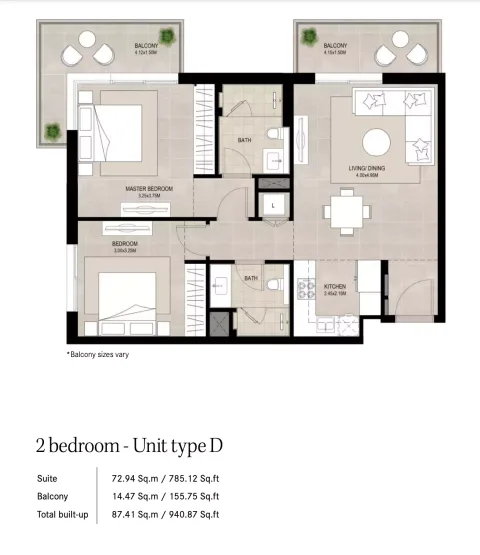 Floor plan, 2 Beds, 940 sq ft