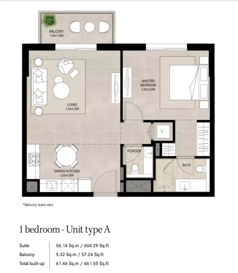 Floor plan, 1 Bed, 661 sq ft