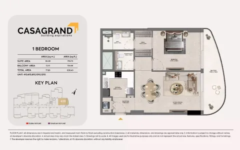 Floor plan, 1 Bed, 838 sq ft