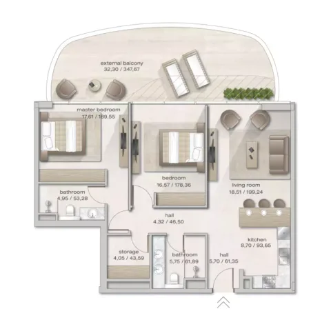 Floor plan, 2 Beds, 1,244 sq ft