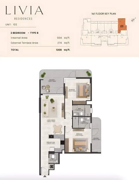 Floor plan, 2 Beds, 1,298 sq ft