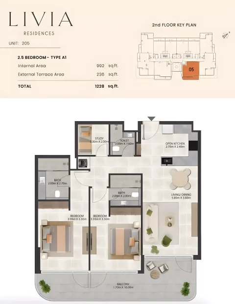 Floor plan, 3 Beds, 1,228 sq ft