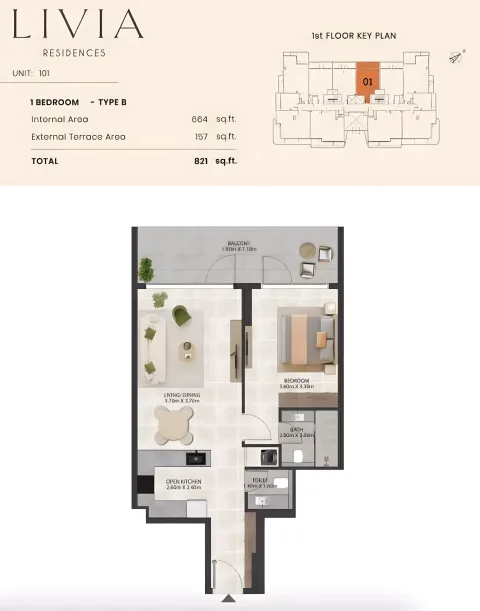 Floor plan, 1 Bed, 821 sq ft