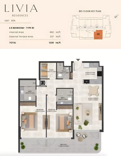Floor plan, 3 Beds, 1,229 sq ft
