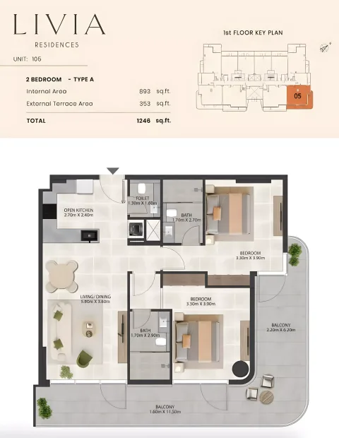 Floor plan, 2 Beds, 1,246 sq ft