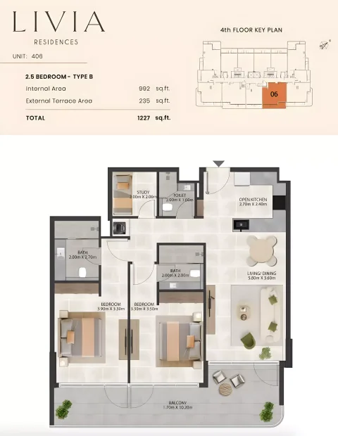 Floor plan, 3 Beds, 1,227 sq ft