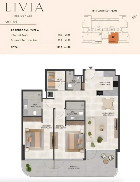 Floor plan, 3 Beds, 1,226 sq ft