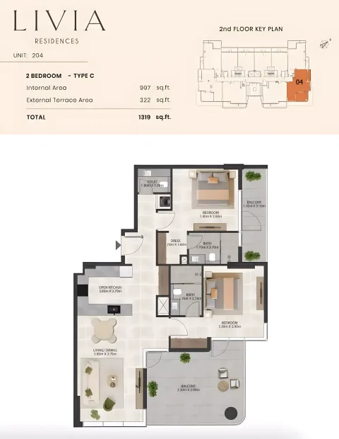 Floor plan, 2 Beds, 1,319 sq ft