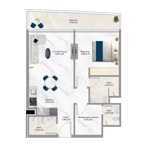 Floor plan, 1 Bed, 0 sq ft