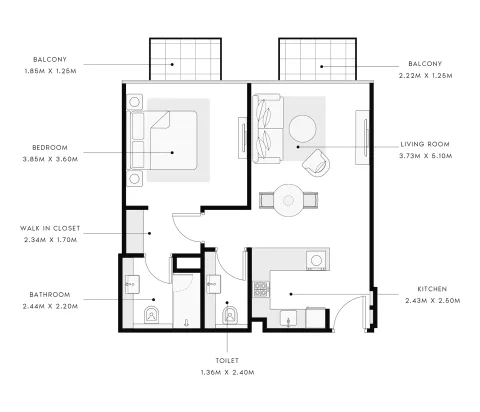 Floor plan, 1 Bed, 734 sq ft