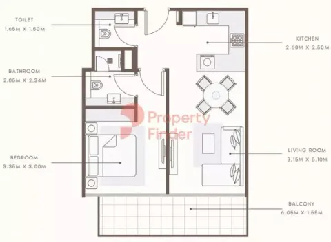 Floor plan, 1 Bed, 675 sq ft