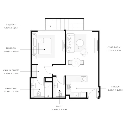 Floor plan, 1 Bed, 730 sq ft
