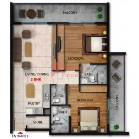 Floor plan, 2 Beds, 1,250 sq ft