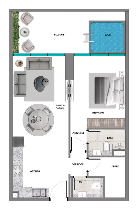 Floor plan, 1 Bed, 919 sq ft