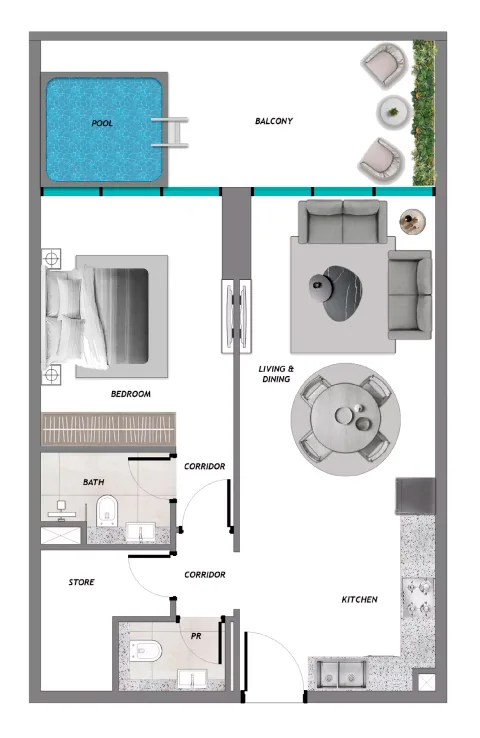Floor plan, 1 Bed, 889 sq ft